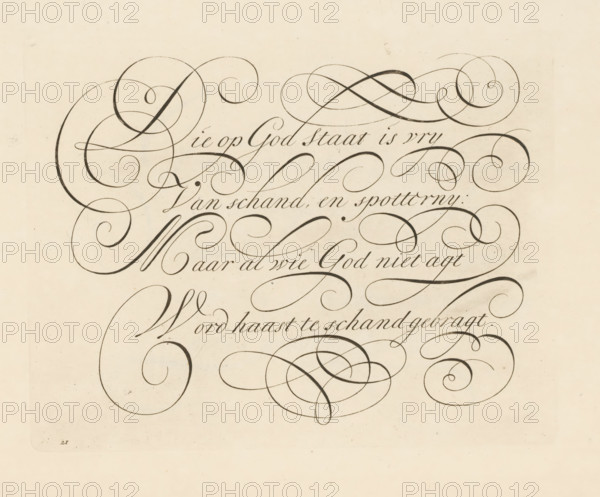 Writing example: He who stands on God is free, print, album page, ornamental print, Series number,