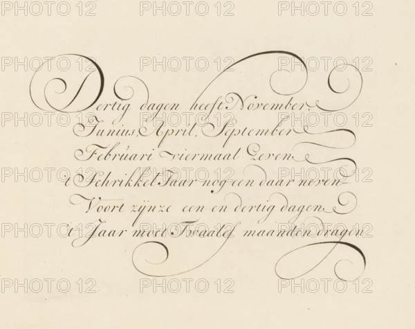 Writing example: November has thirty days, print, album page, ornamental print, printmaker: