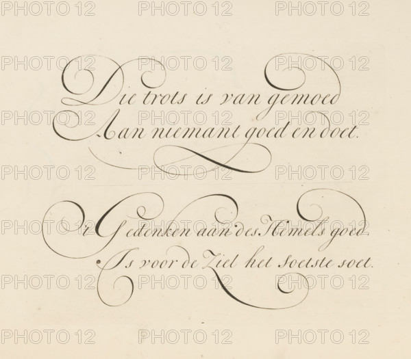Writing example: That pride is of mind, print, album page, ornamental print, printmaker: Bastiaan