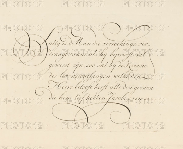 Writing example: Blessed is the Man, print, album page, ornamental print, printmaker: Bastiaan