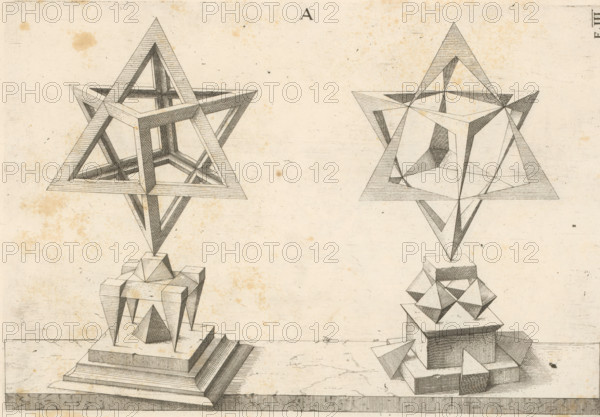 Two polyhedra with a tetrahedron as a starting point, print, book illustration, page, The geometric