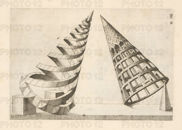 Two polyhedra with a cone as a starting point, print, book illustration, page, Complex geometric