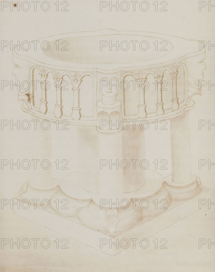 Photo reproduction of a drawing of the baptismal font in the Old St. Victor Church in Batenburg,