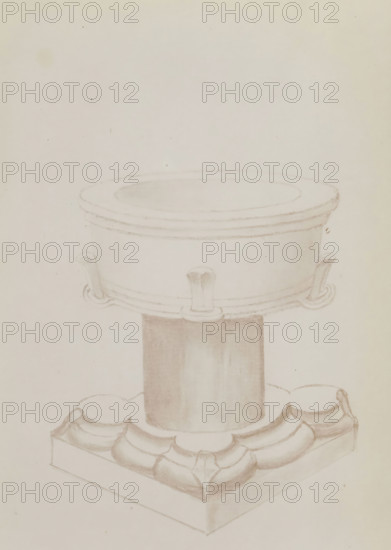 Photo reproduction of the drawn baptismal font of the church of Leur, photograph, reproduction,
