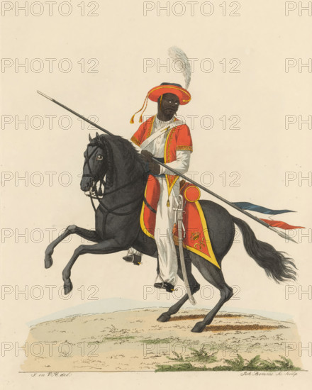 Bengali Lancer, on horseback, idem, Troops in the East Indies, print, A Bengal lancer in full dress