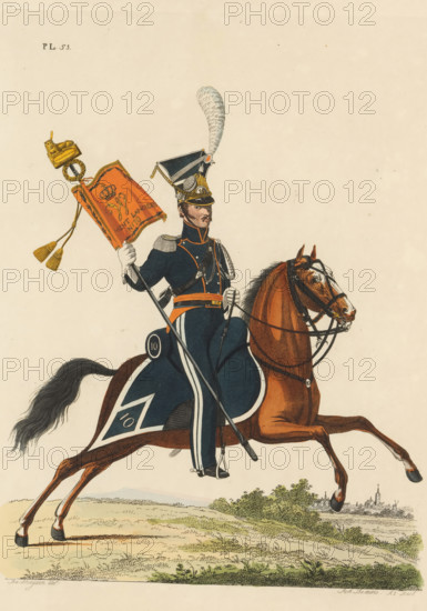 Cornet of the Lancers, in full dress, on horseback, with the Standard, print, A Dutch cornet of the