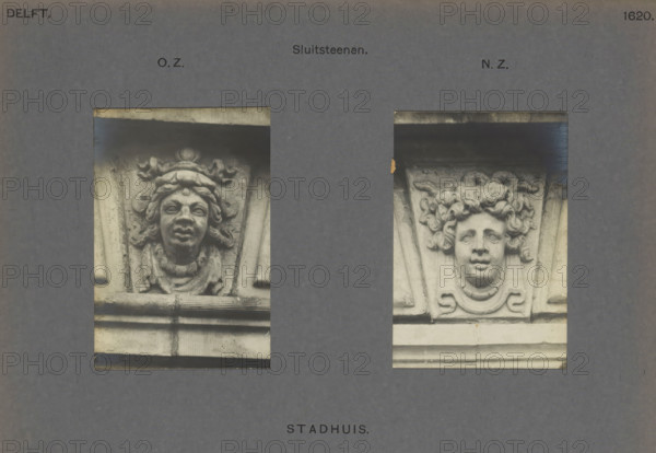 Town Hall. Keystones, Two keystones of the town hall in Delft, decorated with heads, photograph,