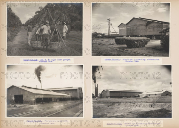 Oil factory in Padang Halaban, 1938, album page, photograph, Sheet with four photos of the palm oil
