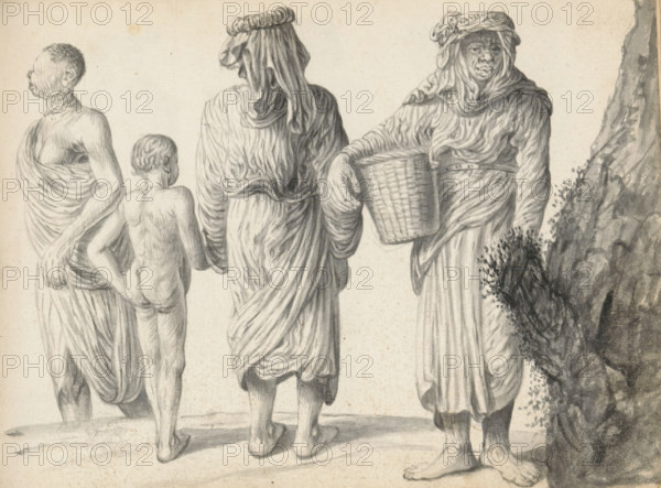 Three women and a child, sketchbook page, On the left, a woman is walking out of the frame. She is