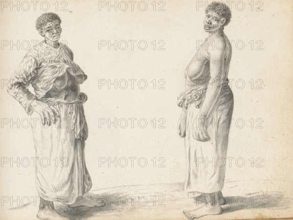 Two wet nurses, sketchbook page, Outside, two women with African features and short curly hair are