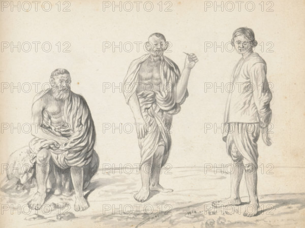 Three laborers, sketchbook page, Outside along the road are three men, as if they are posing for