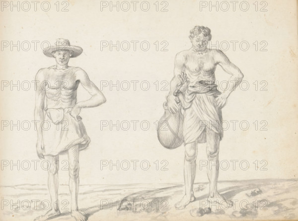 Labourer and a toddy tapper, sketchbook page, Two men are standing outside along a road on uneven
