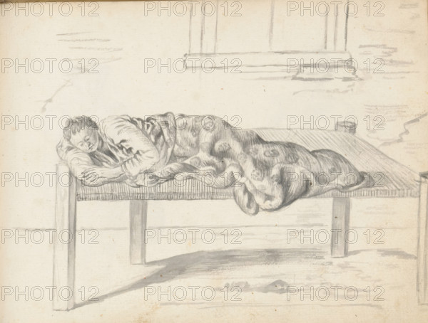 Eurasian woman sleeping on a couch, sketchbook page, A Eurasian woman is sleeping on a wide wooden