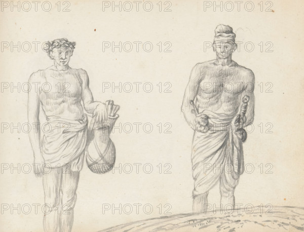 Toddy tapper and Sinhalese soldier, sketchbook page, Two men are standing outside on a slope. The