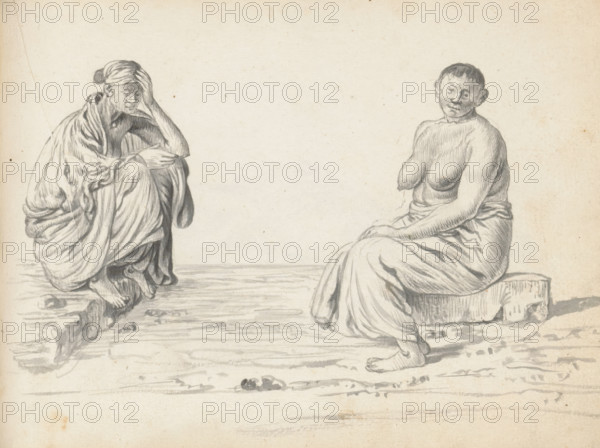 Two sitting women, sketchbook page, Two women are sitting outside on the street or near their homes