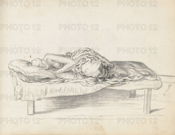 Man sleeping on a couch, sketchbook page, A man is sleeping on a wooden couch (enda) inside the