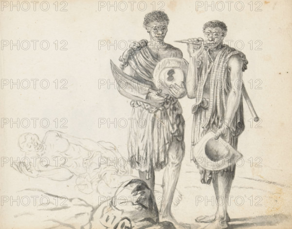 Three laborers, sketchbook page, Three men are depicted outdoors in uneven terrain. The man on the