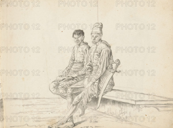 Two Sinhalese soldiers, sketchbook page, Outside by a wall – or inside in a corner of a building –