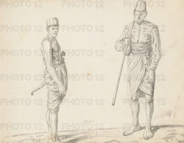 Two Sinhalese soldiers, sketchbook page, Two men are standing outside on uneven terrain. The man on