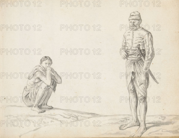 Sinhalese soldier and a squatting labourer, sketchbook page, Two men are depicted outdoors on a