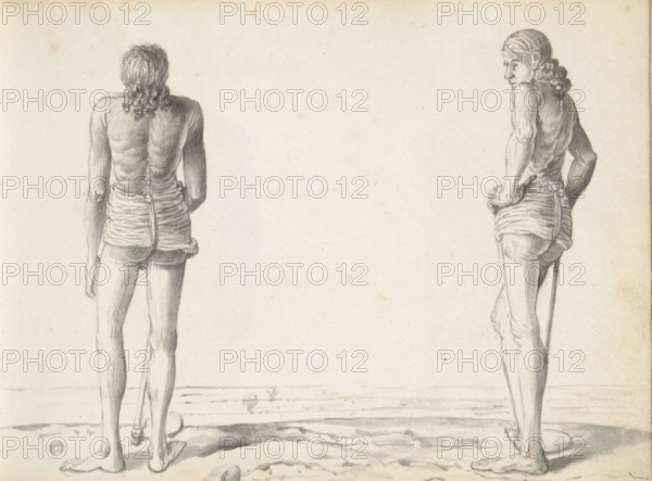 Two Sinhalese tillers, sketchbook page, Two men are standing outside at the edge of an open field.
