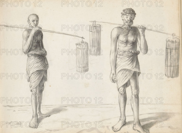 Two Sinhalese men with bales of cinnamon, sketchbook page, Outside, two men are standing by the