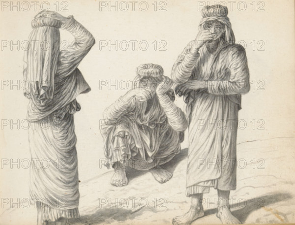 Three Sinhalese women, sketchbook page, Three Sinhalese women of low caste, outside along the road.