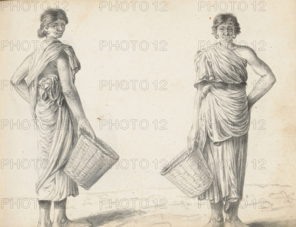 Two women, sketchbook page, Two possibly low-caste Tamil women from Jaffna stand outside side by