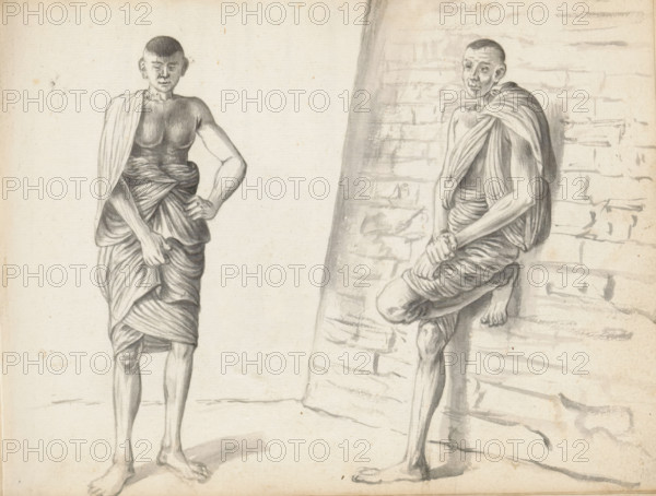 Two laborers, sketchbook page, Outside, by a sloping cliff stone wall, perhaps the corner of a