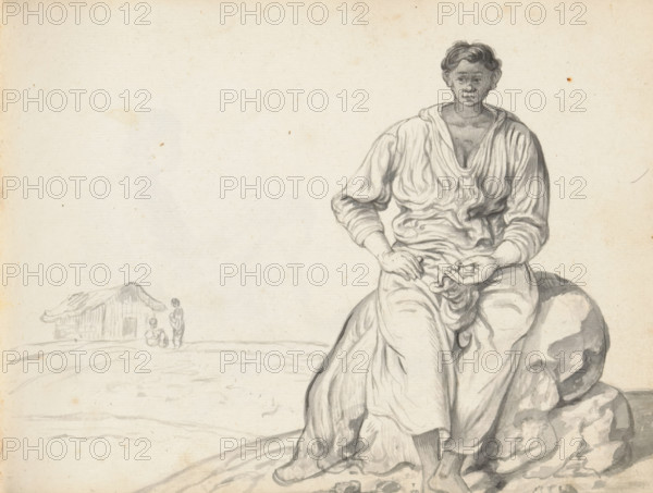 Woman sitting on a boulder, sketchbook page, A Eurasian woman is sitting on a boulder. She is