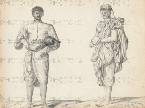 Sinhalese soldier and a labourer, sketchbook page, Outside, two men are standing on uneven ground.