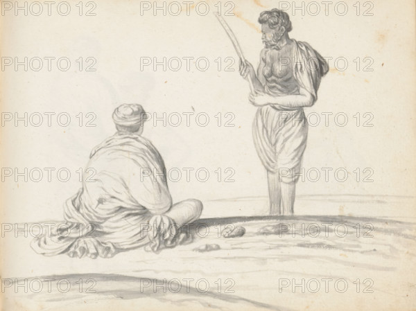 Two labourers, sketchbook page, On the left, on the ground in uneven terrain, sits a man in a