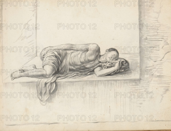 Man sleeping on a window-sill, sketchbook page, A man is sleeping on a wide window-sill (or niche