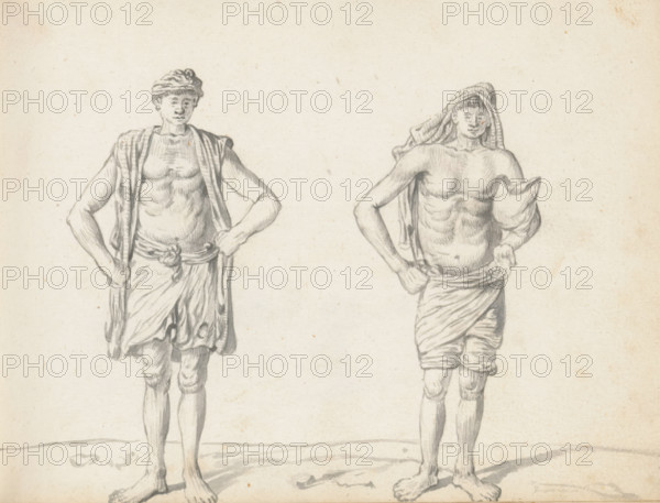 Two labourers, sketchbook page, Two men are standing on uneven terrain outdoors. The man on the