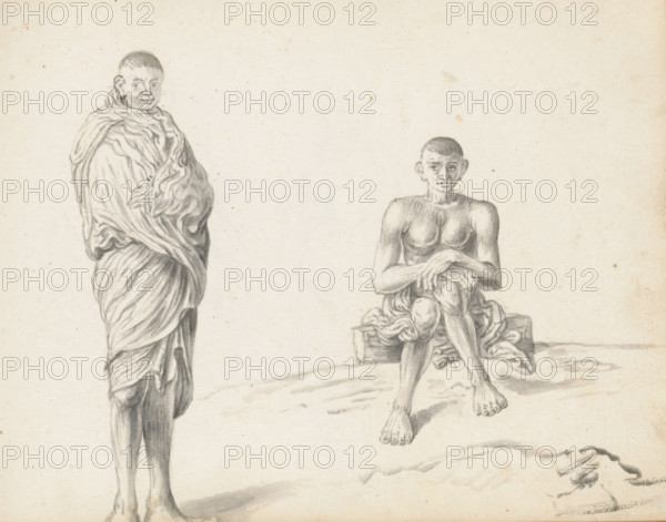 Two laborers outside, one standing and one sitting, sketchbook page, Two men are drawn outside on