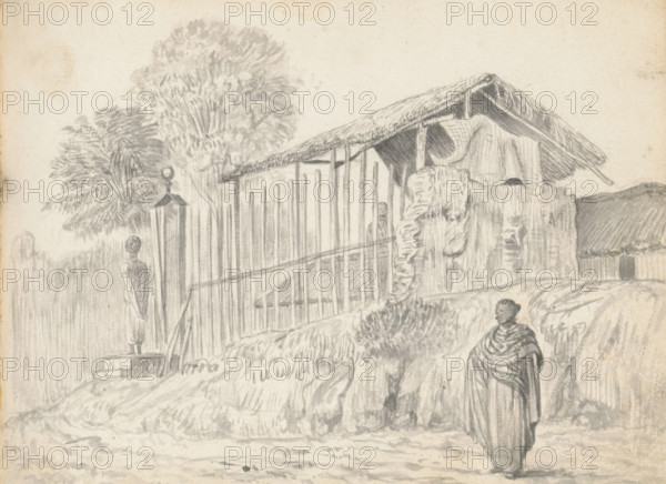 View of an open shed and entrance of a yard, sketchbook page, In the foreground runs a road curving