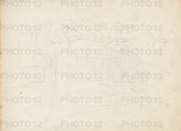 Unfinished sketch of buildings and trees, sketchbook page, An unfinished sketch of a road with