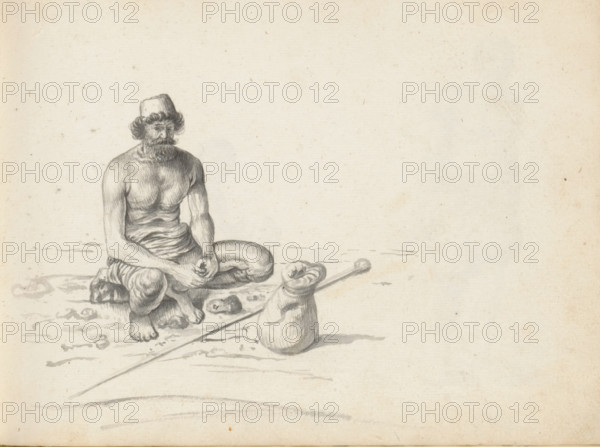 Sinhalese man with knapsack, sketchbook page, A Sinhalese man is squatting on a stone block,