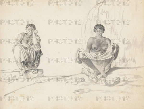 Two sitting labourers, sketchbook page, Two men are sitting outside on a sloping, uneven ground.
