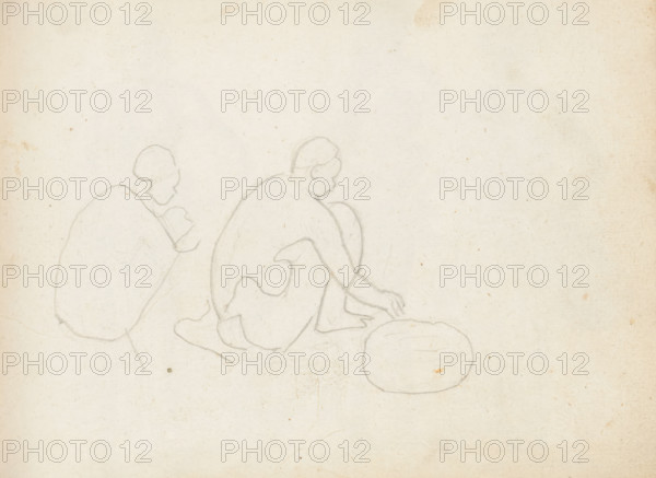 Two squatting figures, sketchbook page, The barely visible outlines of a vague sketch of two