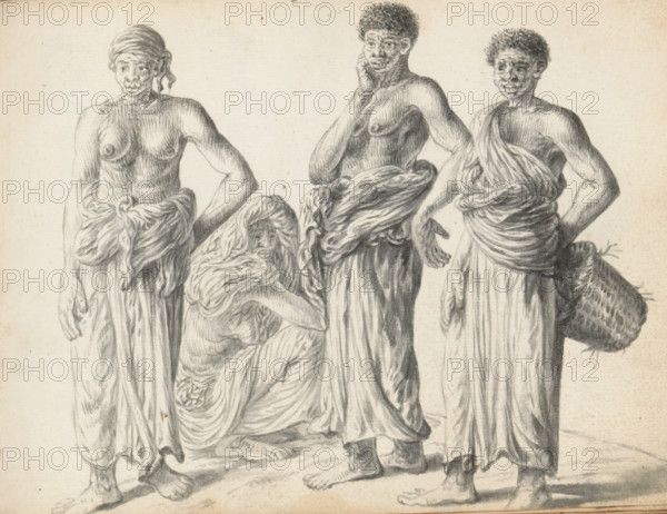 Two laborers and two women laborers, sketchbook page, Outside, four figures are drawn. African