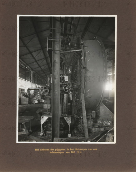 Drilling out pipe holes in the heating element of a 200 HL tubular cooking pot, album page,