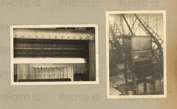 Machine, album page, photograph, Album page with two photos of a machine. Part of a photo album