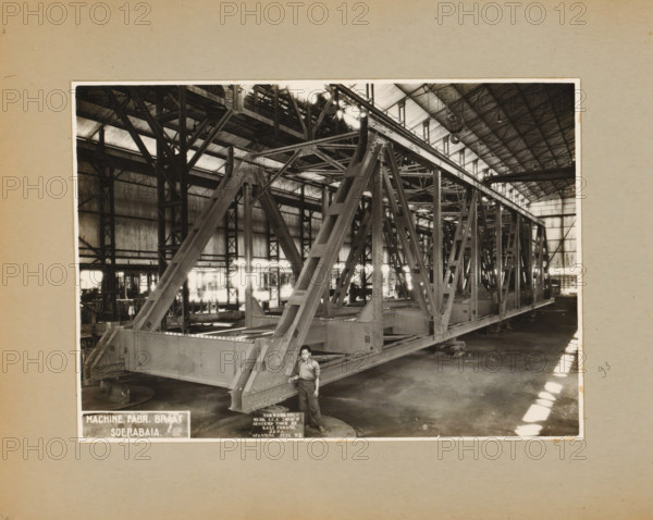 Truss bridge, album page, photograph, Album page with a photo of a factory hall with a truss
