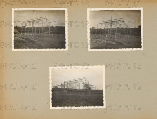 Skeleton construction, album page, photograph, Loose album page with three photos of the steel