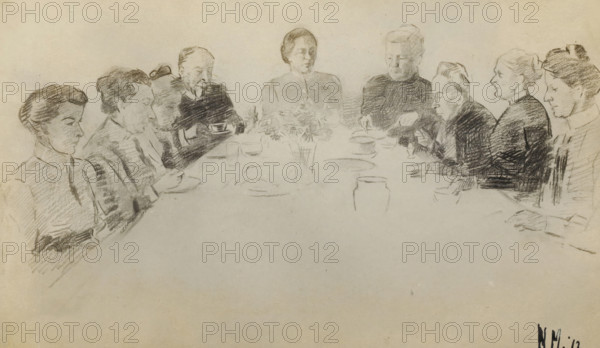 Photo reproduction of a drawing of a dinner, photograph, reproduction, annotation: 'T annie, ...,