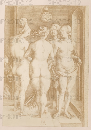 Photo reproduction of an engraving of four naked women by Albrecht Dürer, photograph, reproduction,