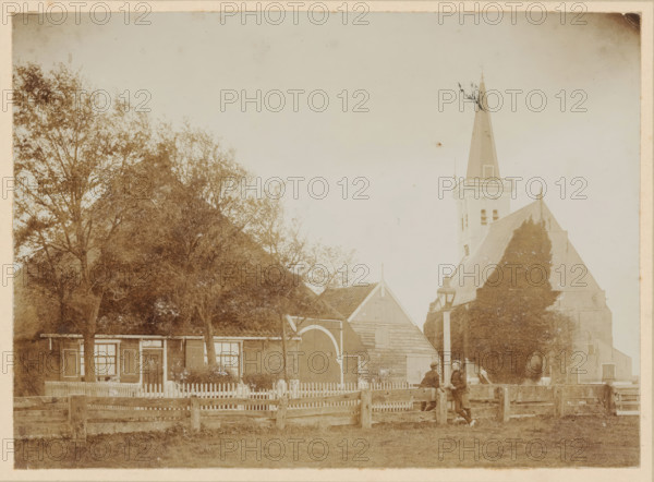 View of a farm and the Reformed Church in Den Hoorn, Texel, photograph, annotation: 'Church in Den