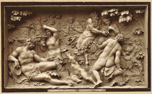 Hautrelief in Elfenbein von J. Elhafen. 1710. Bacchanale, Ivory relief depicting a bacchanal, by