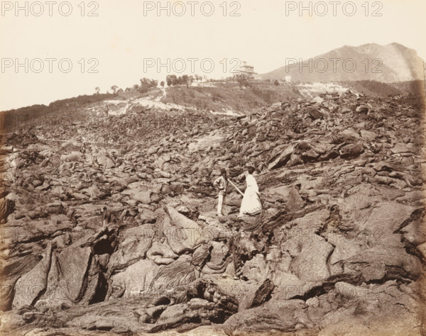 Lava of Vesuvius (Naples), Man and woman on the hardened lava after an eruption of Mount Vesuvius,